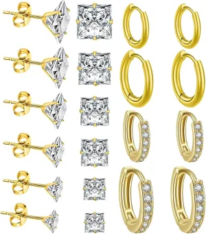 10 Pairs 14k Gold Earrings for Women Trendy Surgical Steel Stud Earrings and Huggie Hoop Earrings Hypoallergenic Earrings Set Square Stud