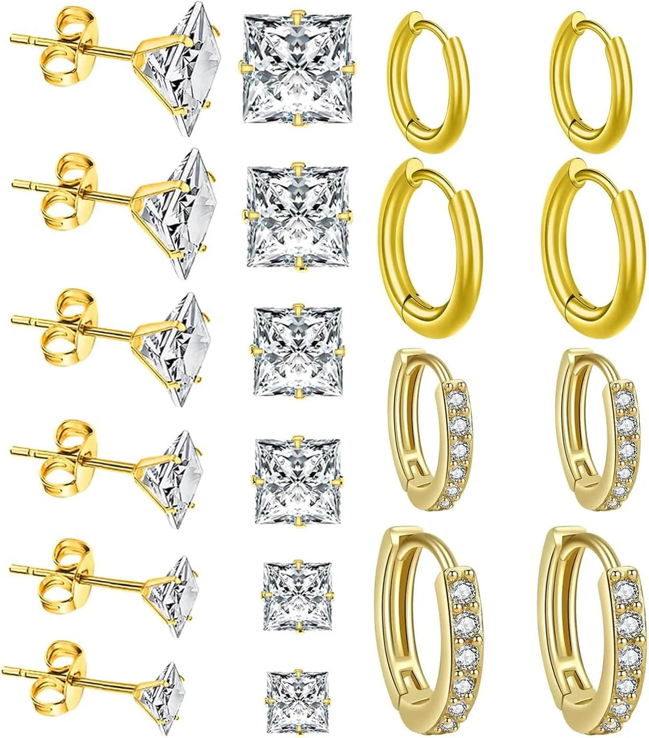 10 Pairs 14k Gold Earrings for Women Trendy Surgical Steel Stud Earrings and Huggie Hoop Earrings Hypoallergenic Earrings Set Square Stud