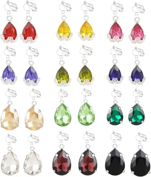 12 Pairs Clip on Earrings for Women Charm Teardrop Crystal Drop Dangle Earrings Huggie Hoop Ear rings Jewelry Set Christmas Valentine's Day Holiday Present