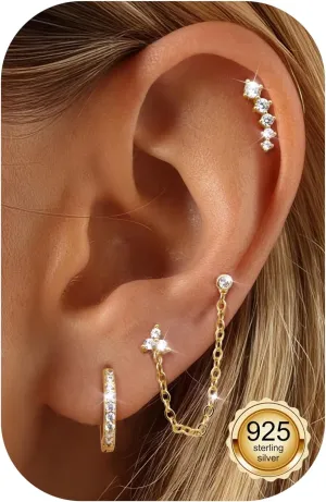 14K Gold Plated 925 Sterling Silver Stud Earrings for Women | Hypoallergenic Cartilage Earring for Sensitive Ears | Dainty Small Studs Hoop Earring Stacks Gold Stud Earrings Set