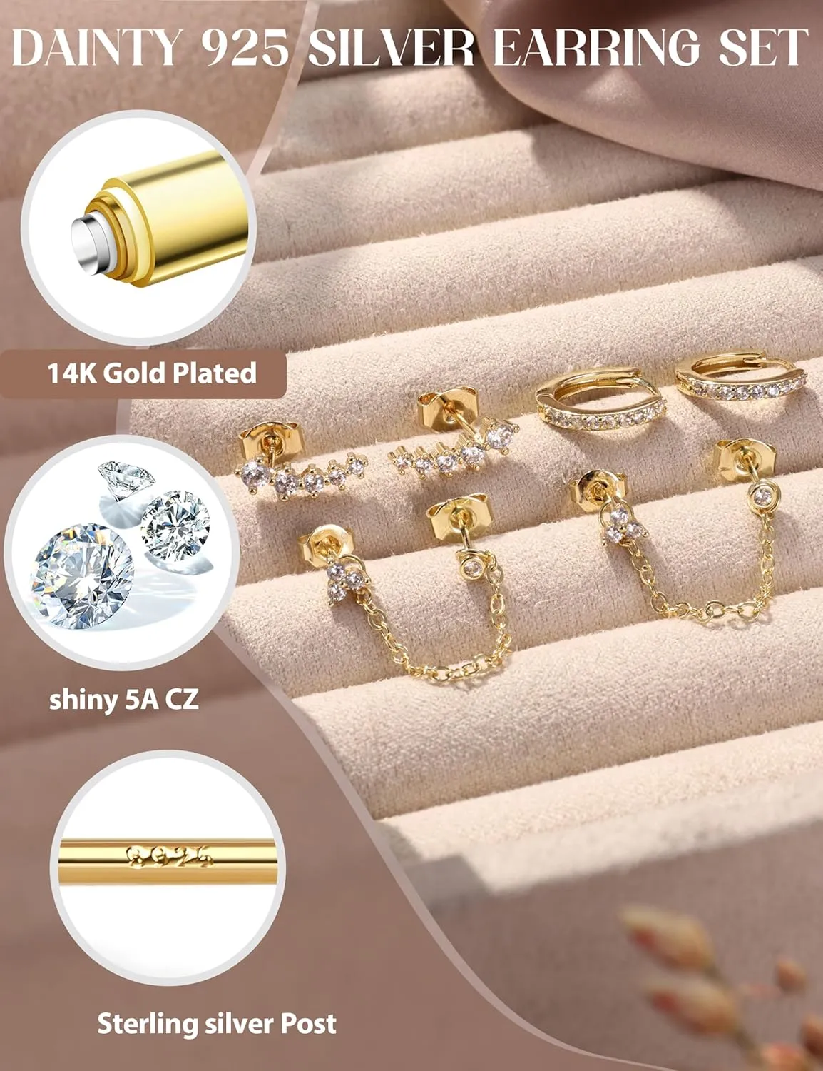 14K Gold Plated 925 Sterling Silver Stud Earrings for Women | Hypoallergenic Cartilage Earring for Sensitive Ears | Dainty Small Studs Hoop Earring Stacks Gold Stud Earrings Set