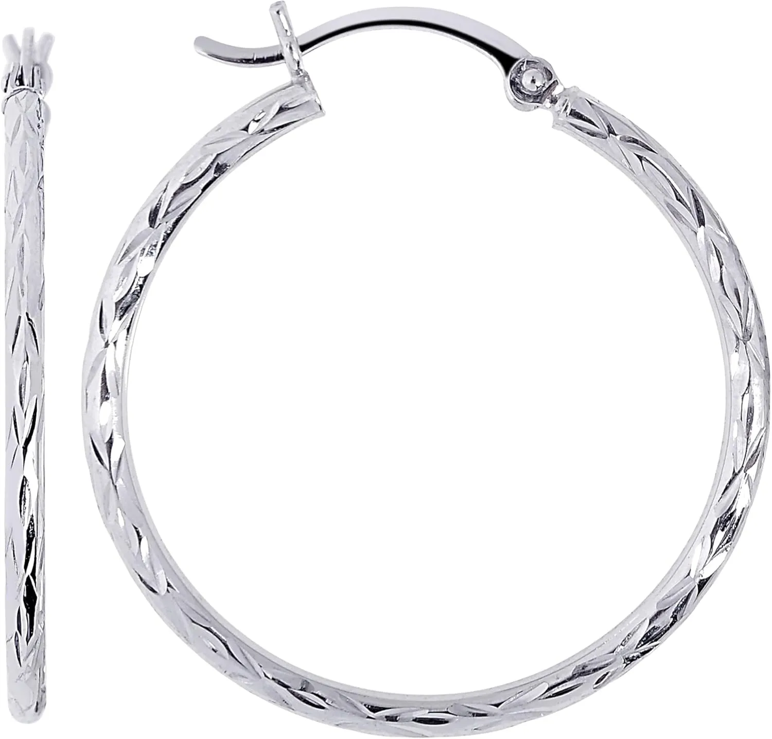 14K White Gold Diamond Cut Round Hoop Earrings