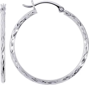 14K White Gold Diamond Cut Round Hoop Earrings