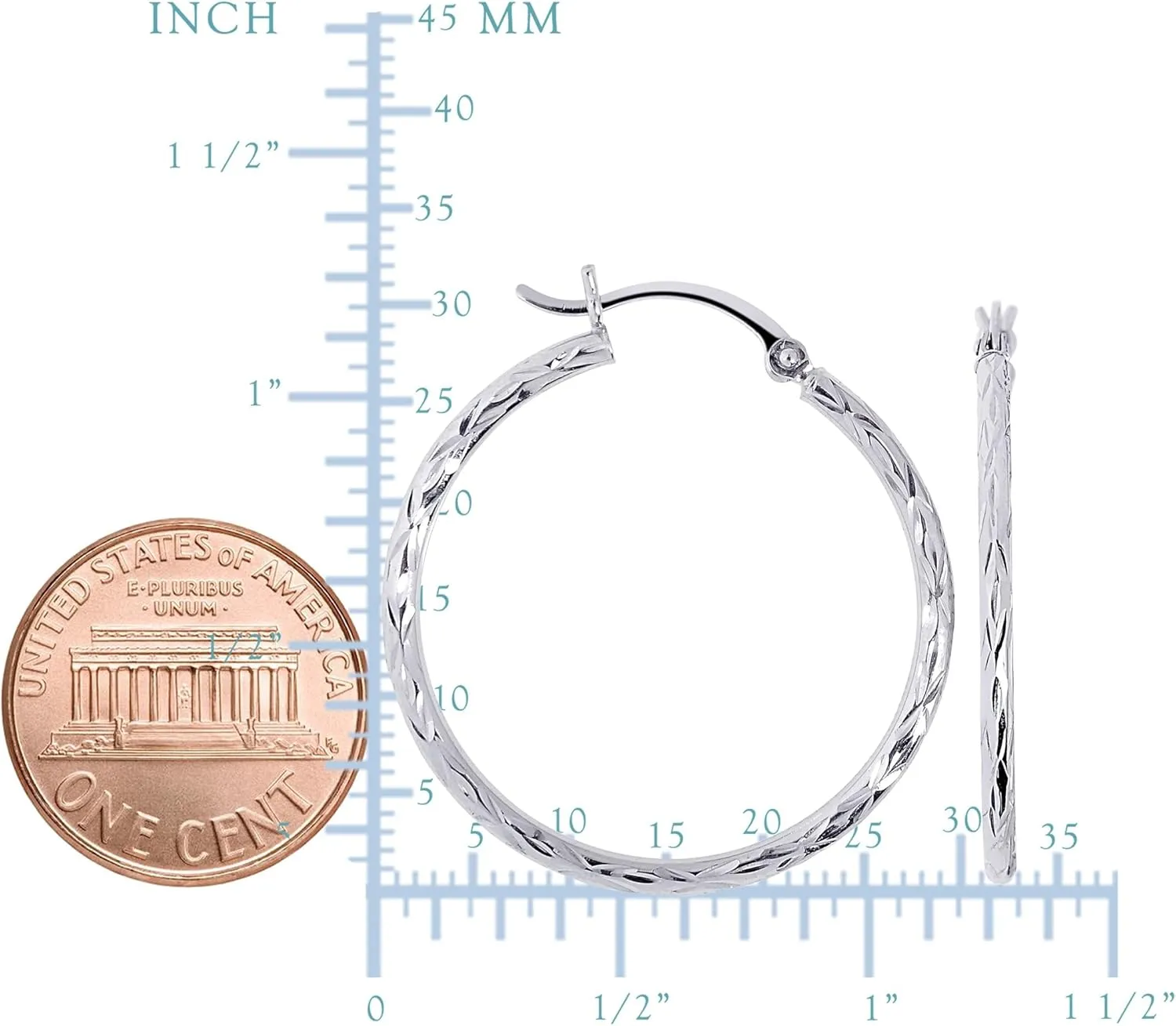 14K White Gold Diamond Cut Round Hoop Earrings