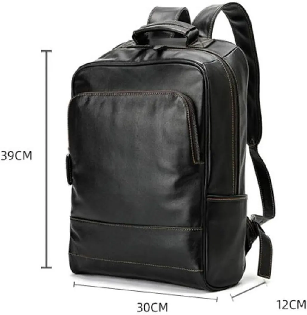 15.3Inch Mens Backpacks Genuine Leather Laptop Bags Casual Daypack Briefcases Computers Bags Luggage Bags Bookbags(Black)