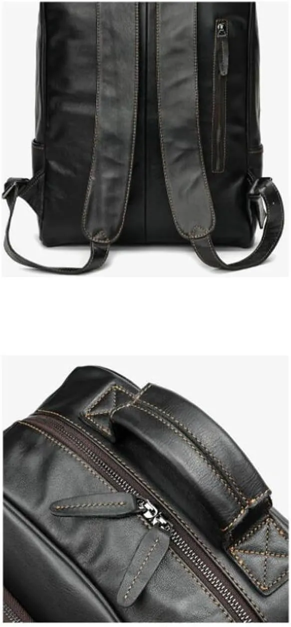 15.3Inch Mens Backpacks Genuine Leather Laptop Bags Casual Daypack Briefcases Computers Bags Luggage Bags Bookbags(Black)