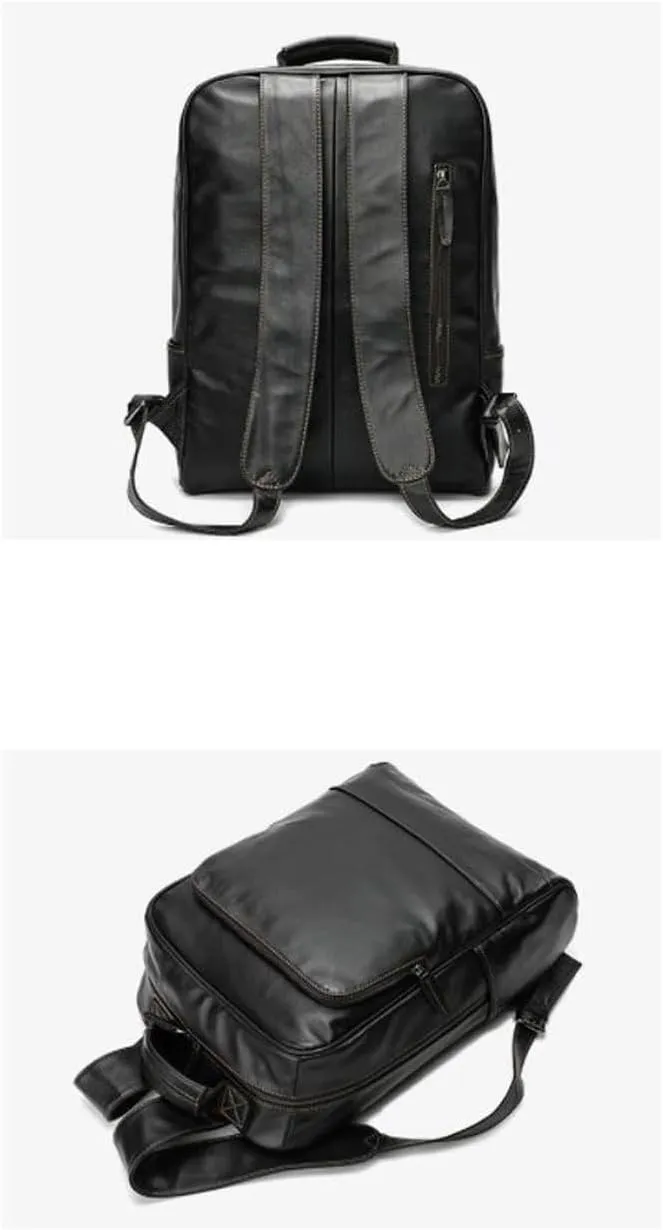 15.3Inch Mens Backpacks Genuine Leather Laptop Bags Casual Daypack Briefcases Computers Bags Luggage Bags Bookbags(Black)