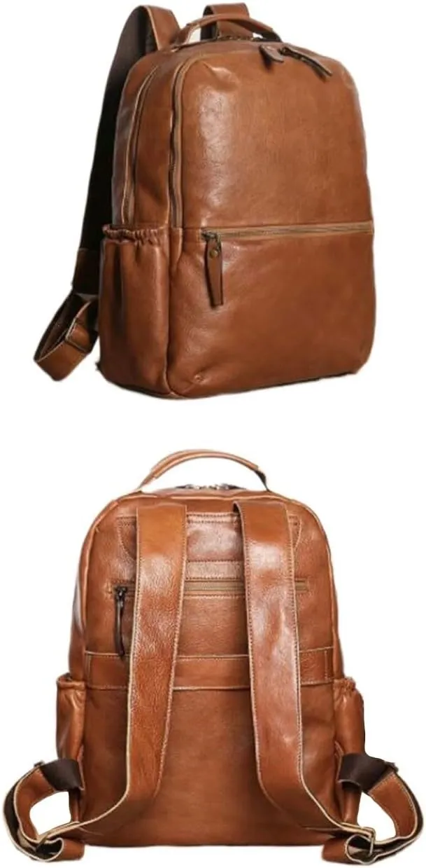 16.5Inch Luggage Backpacks Mens Briefcases Genuine Leather Laptop Bags Bookbags Travel Bags Casual Daypack(Brown-1)