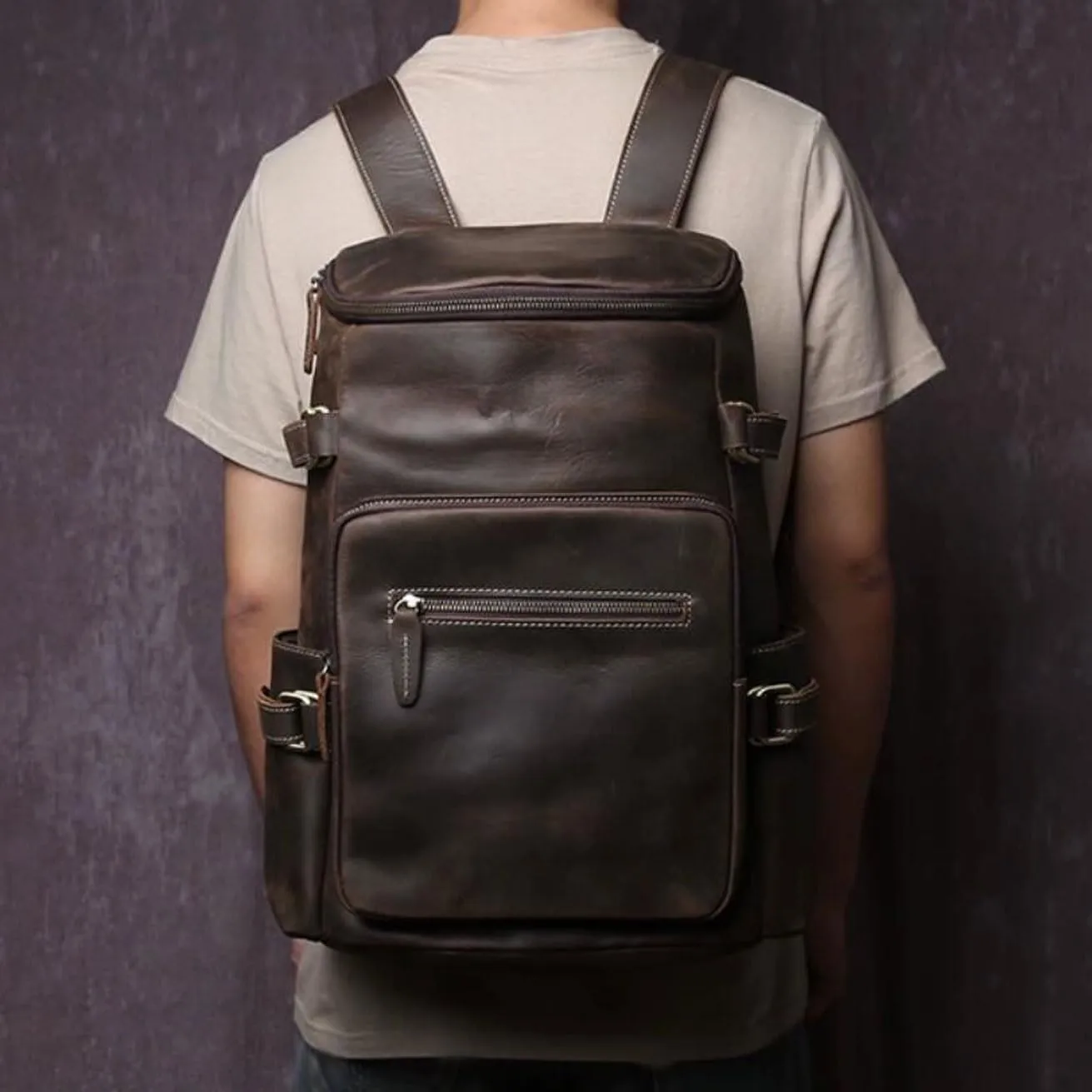 16.5Inch Travel Bags Genuine Leather Backpacks Mens Laptop Bags Computers Bags Casual Daypack Briefcases(Black)