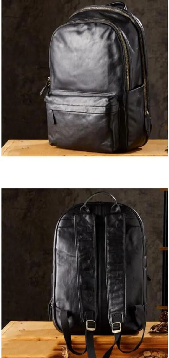 16.9Inch Luggage Travel Bags Backpacks Genuine Leather Laptop Bags Mens Casual Daypack Briefcases Computers Bags(Black)