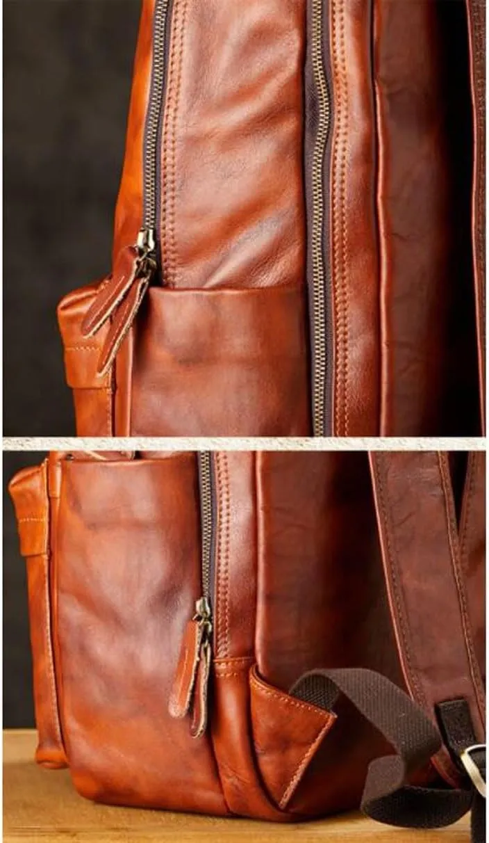 16.9Inch Luggage Travel Bags Backpacks Genuine Leather Laptop Bags Mens Casual Daypack Briefcases Computers Bags(Brown)