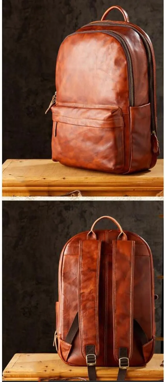 16.9Inch Luggage Travel Bags Backpacks Genuine Leather Laptop Bags Mens Casual Daypack Briefcases Computers Bags(Brown)