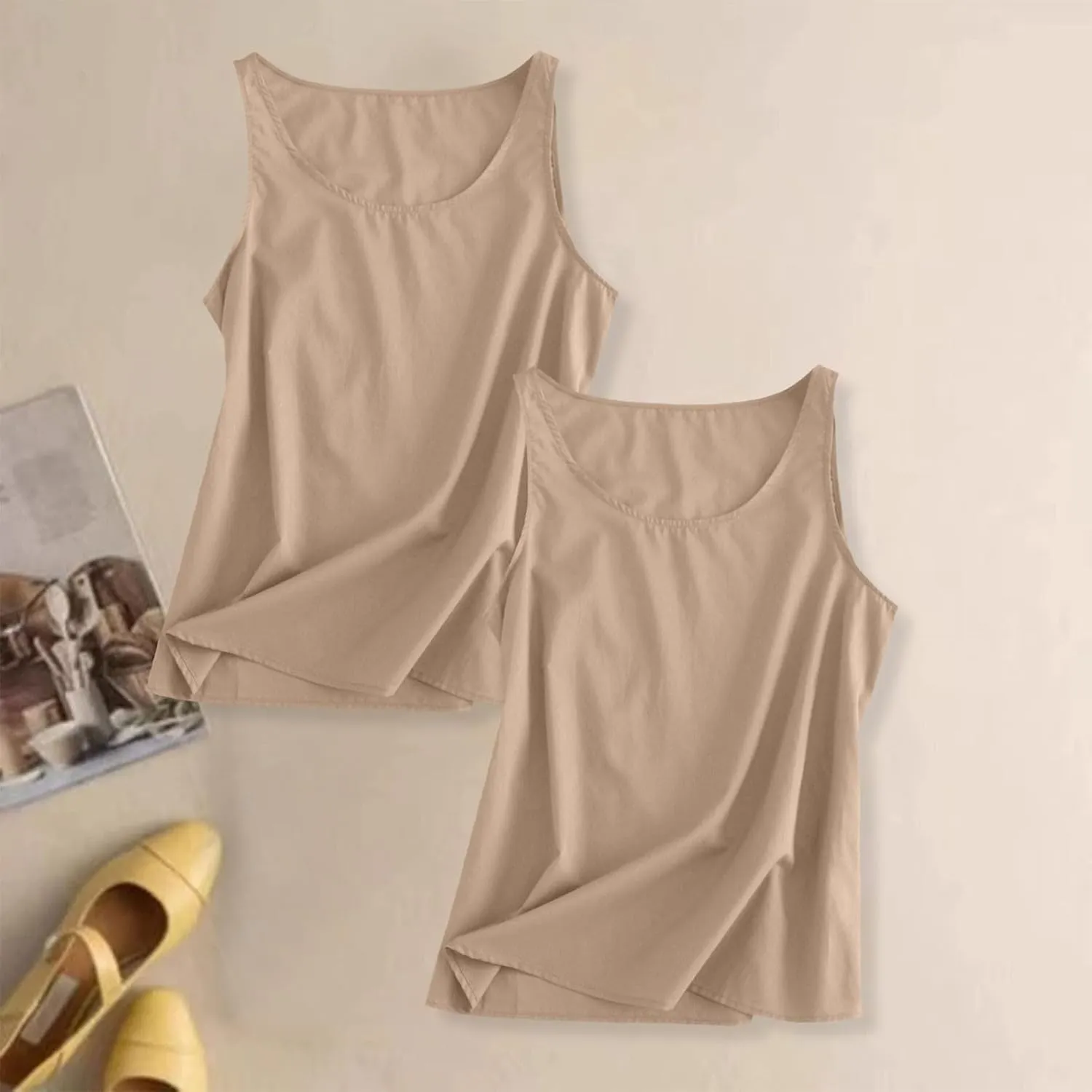 2 Pack Womens Linen Tank Tops 2025 Summer Beach Vacation Shirt Crew Neck Sleeveless Loose Fit Casual Blouse