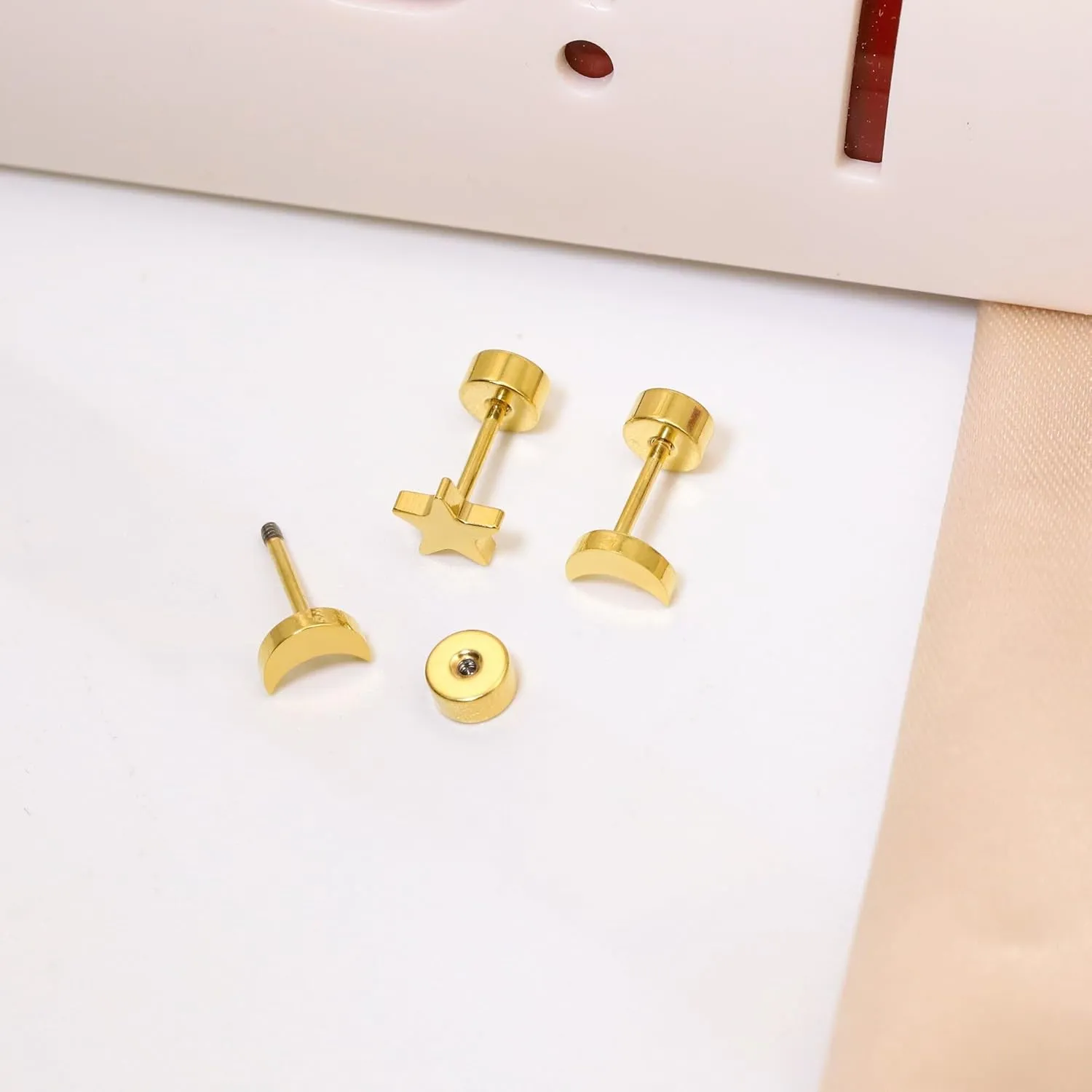 2 Pairs Flat Back Earrings Women, Titanium Star and Moon Earrings, Heart & CZ Flatback Stud, Butterfly & Lightning Screw Back, Crosses and Triangles Stud, Gold/Pink/Silver/Black Options