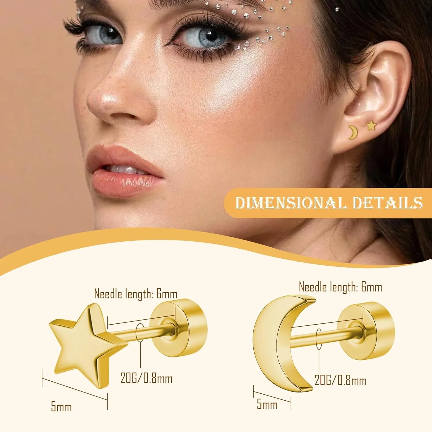 2 Pairs Flat Back Earrings Women, Titanium Star and Moon Earrings, Heart & CZ Flatback Stud, Butterfly & Lightning Screw Back, Crosses and Triangles Stud, Gold/Pink/Silver/Black Options