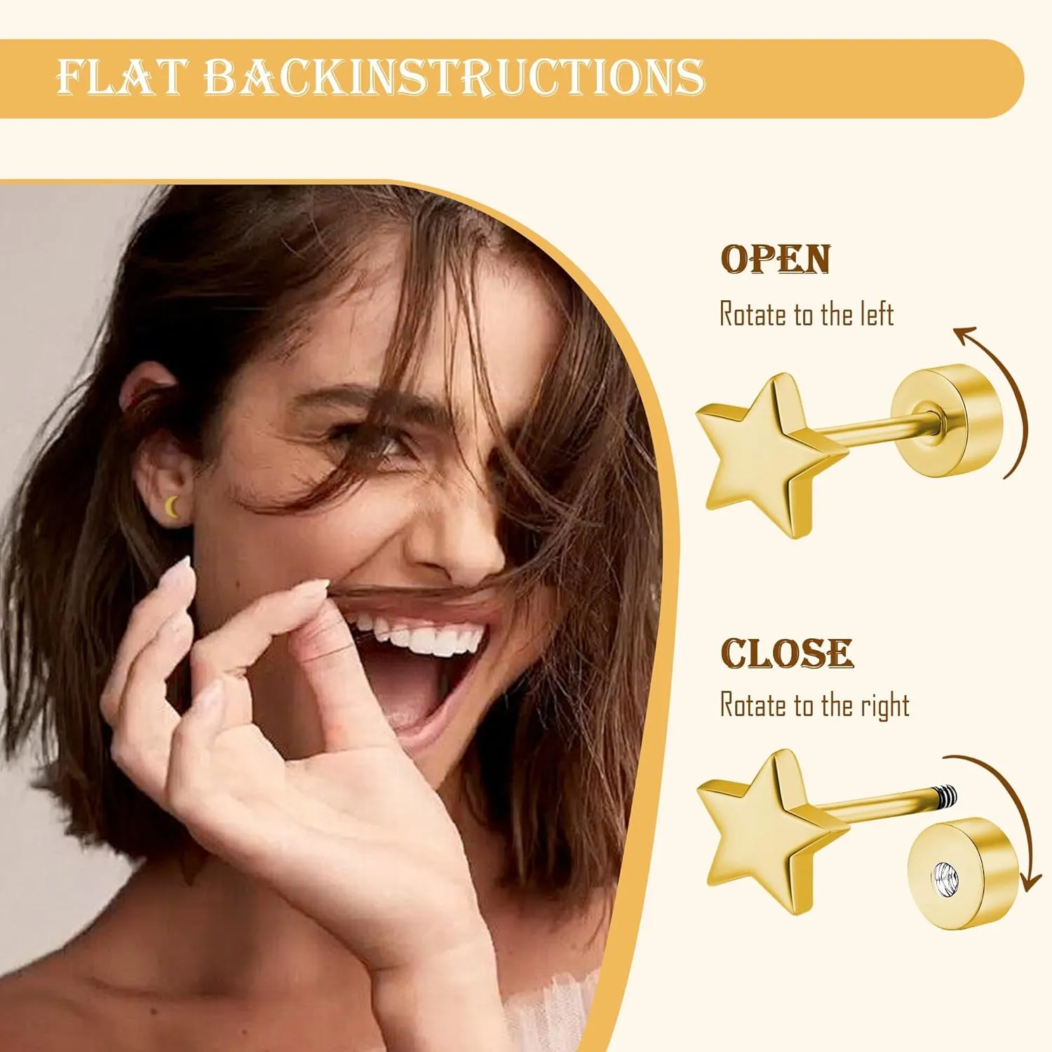 2 Pairs Flat Back Earrings Women, Titanium Star and Moon Earrings, Heart & CZ Flatback Stud, Butterfly & Lightning Screw Back, Crosses and Triangles Stud, Gold/Pink/Silver/Black Options