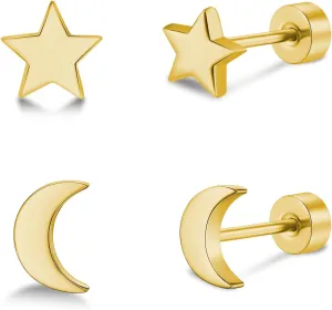 2 Pairs Flat Back Earrings Women, Titanium Star and Moon Earrings, Heart & CZ Flatback Stud, Butterfly & Lightning Screw Back, Crosses and Triangles Stud, Gold/Pink/Silver/Black Options