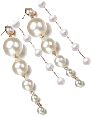 2 pairs Long Pearl Earrings for Women silver Pearl Dangle Earrings Hypoallergenic Elegant Wedding Pearl Tassel Earrings for Bridal Christmas Gift