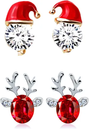 2 Pairs Women's Christmas Earrings, Girls Crystal Gemstone Santa Christmas Hat Earrings Luxury Christmas Reindeer Antlers Xmas Earring Stud Jewelry Gift Sets