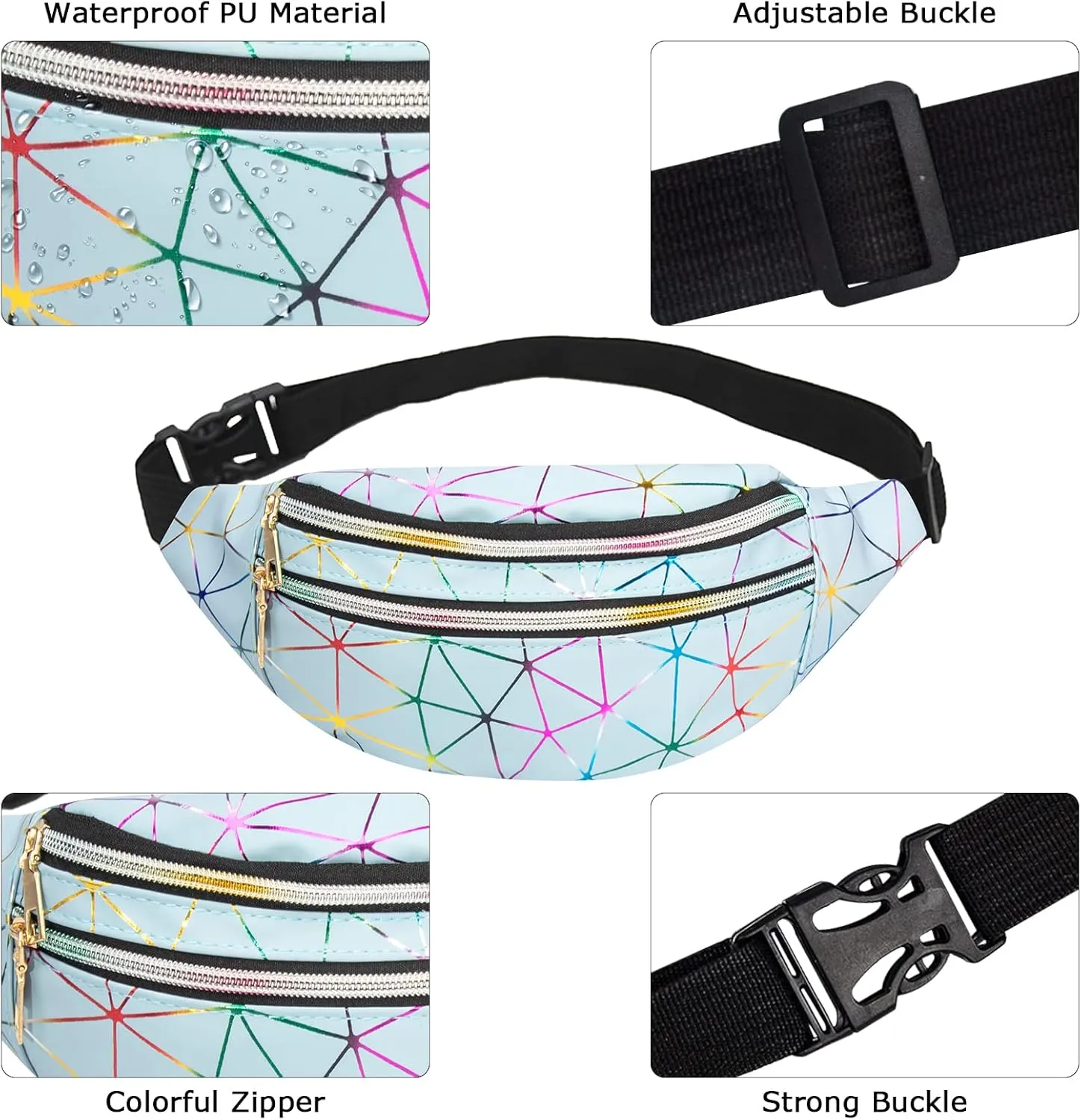 2 Pieces Holographic Fanny Packs Fashionable Waist Packs Shiny Waterproof Belt Bag for Women Men for Travel Party Festival Running