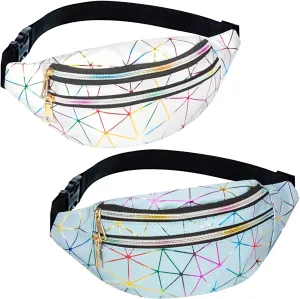 2 Pieces Holographic Fanny Packs Fashionable Waist Packs Shiny Waterproof Belt Bag for Women Men for Travel Party Festival Running