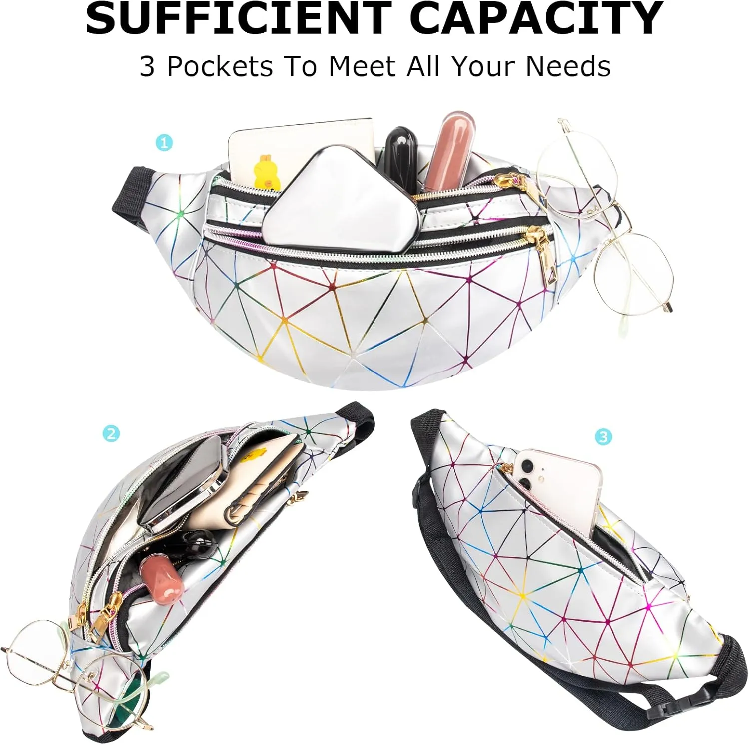 2 Pieces Holographic Fanny Packs Fashionable Waist Packs Shiny Waterproof Belt Bag for Women Men for Travel Party Festival Running
