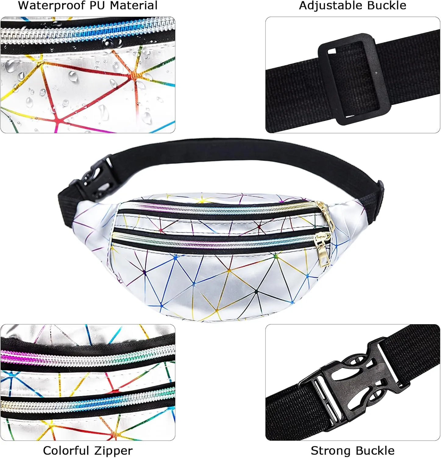 2 Pieces Holographic Fanny Packs Fashionable Waist Packs Shiny Waterproof Belt Bag for Women Men for Travel Party Festival Running