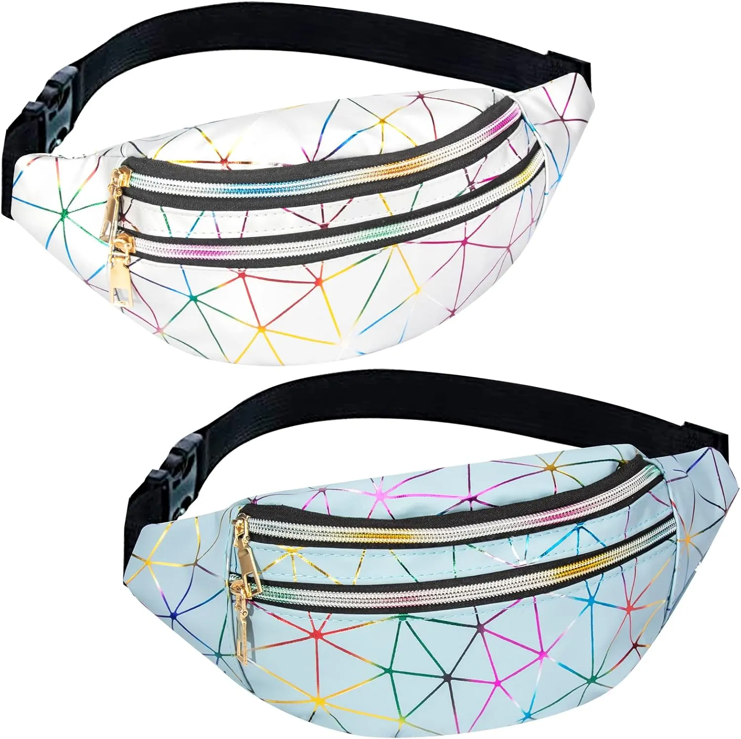 2 Pieces Holographic Fanny Packs Fashionable Waist Packs Shiny Waterproof Belt Bag for Women Men for Travel Party Festival Running