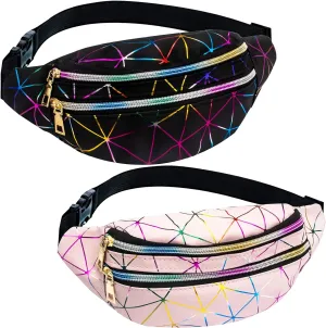 2 Pieces Holographic Fanny Packs Fashionable Waist Packs Shiny Waterproof Belt Bag for Women Men for Travel Party Festival Running
