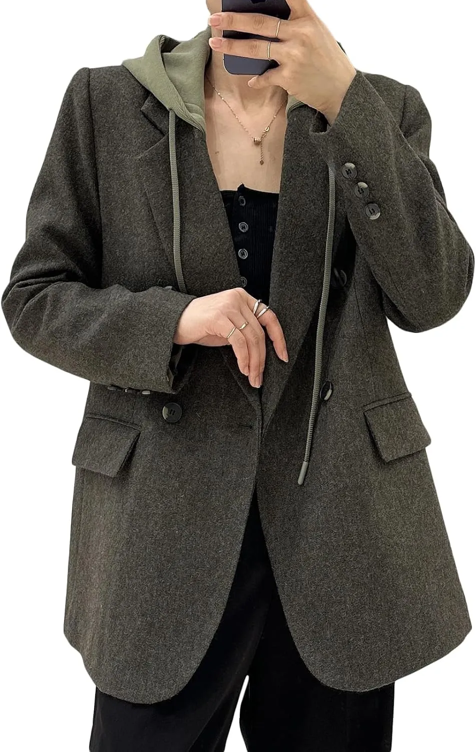 2025 Women's Spring Hooded Blazer Jacket Double-Breasted Oversize Loose Fully-Lined Work Office Suit with Pockets