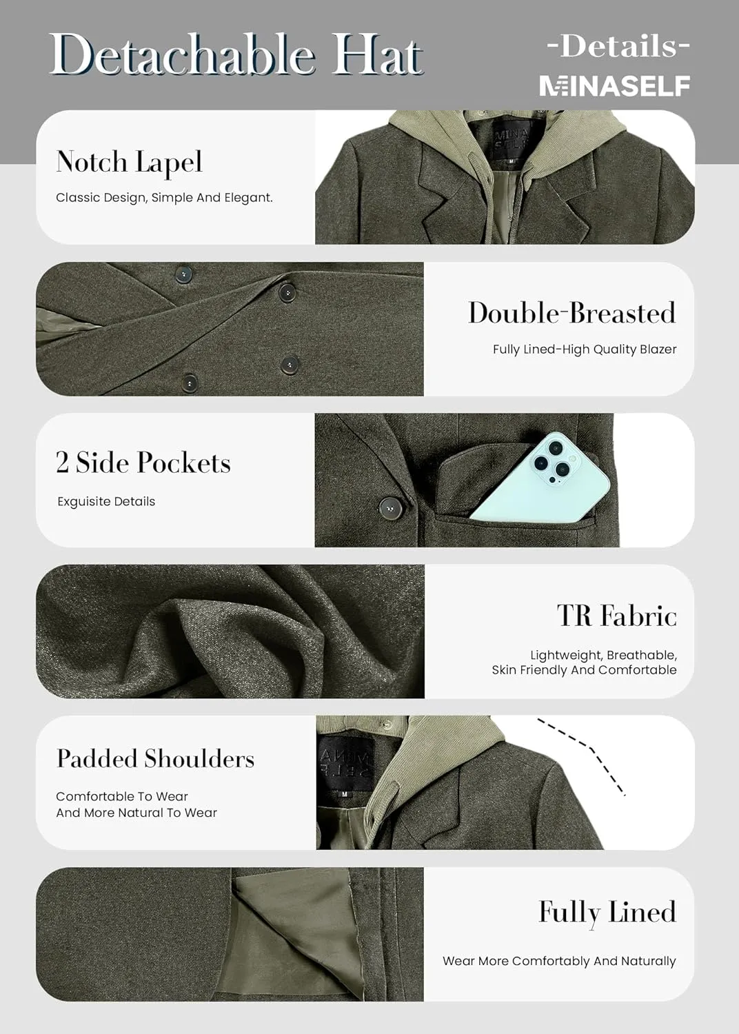 2025 Women's Spring Hooded Blazer Jacket Double-Breasted Oversize Loose Fully-Lined Work Office Suit with Pockets