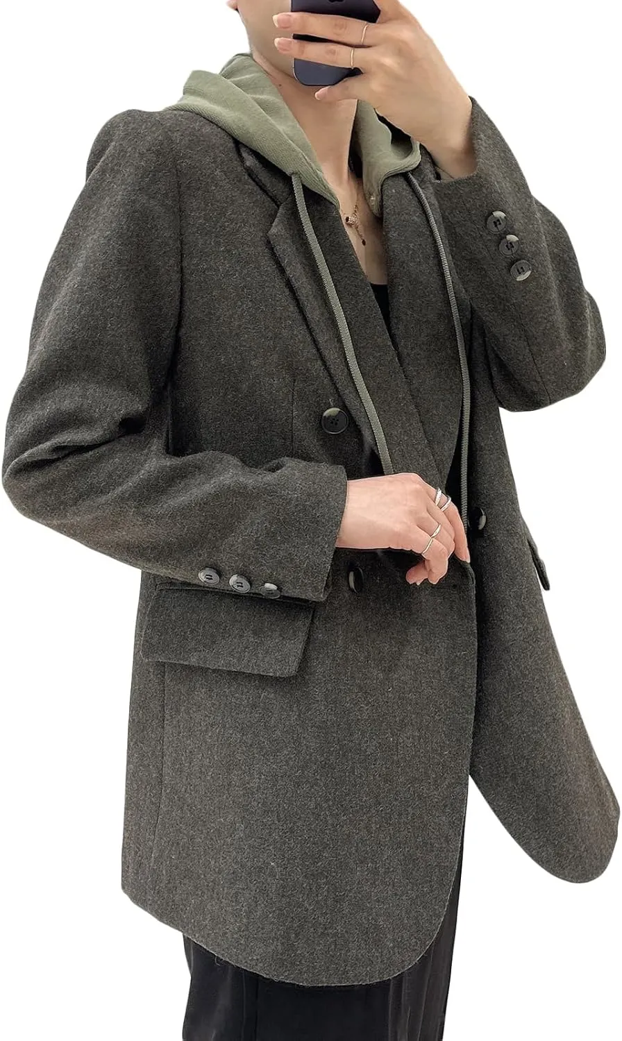 2025 Women's Spring Hooded Blazer Jacket Double-Breasted Oversize Loose Fully-Lined Work Office Suit with Pockets
