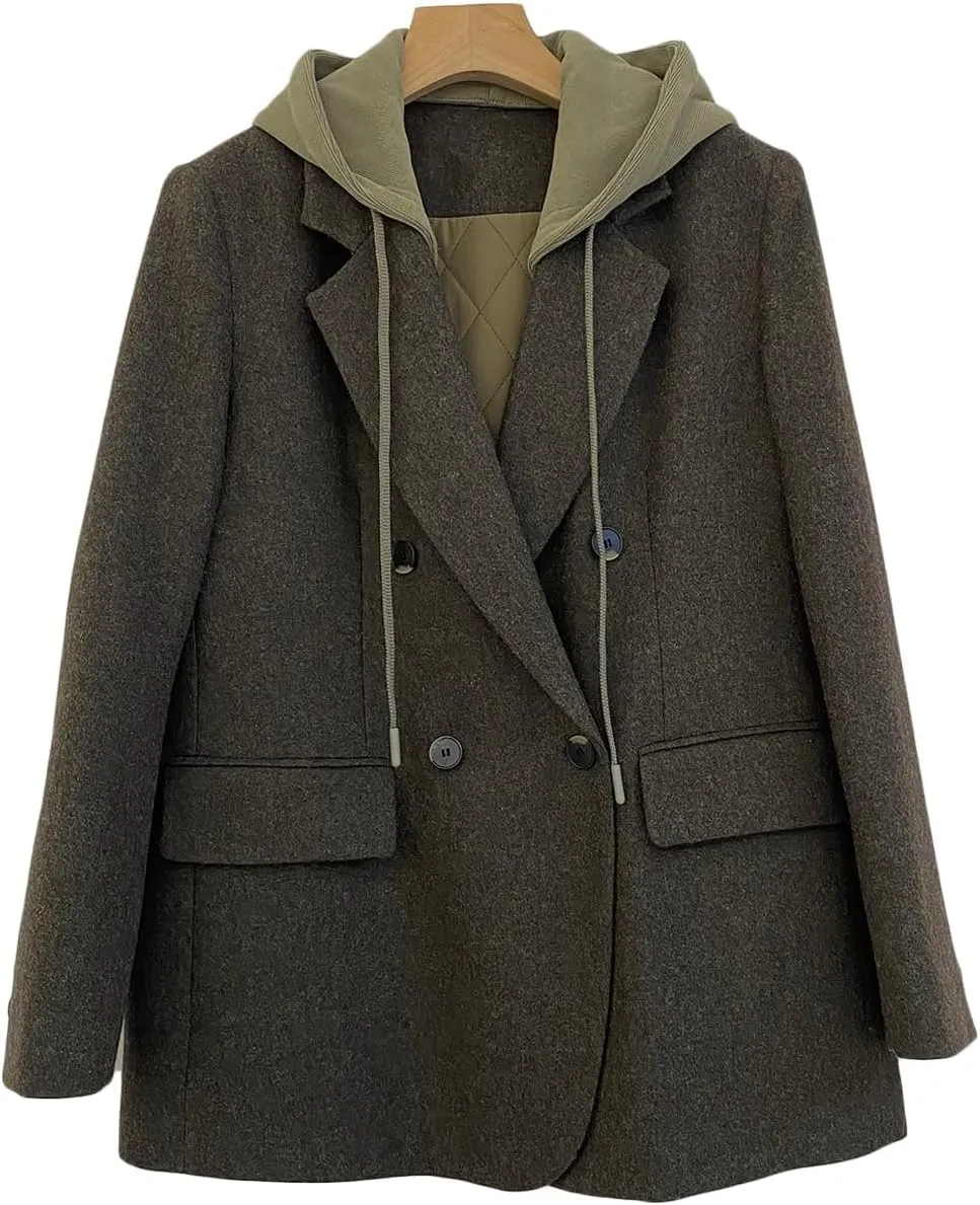 2025 Women's Spring Hooded Blazer Jacket Double-Breasted Oversize Loose Fully-Lined Work Office Suit with Pockets