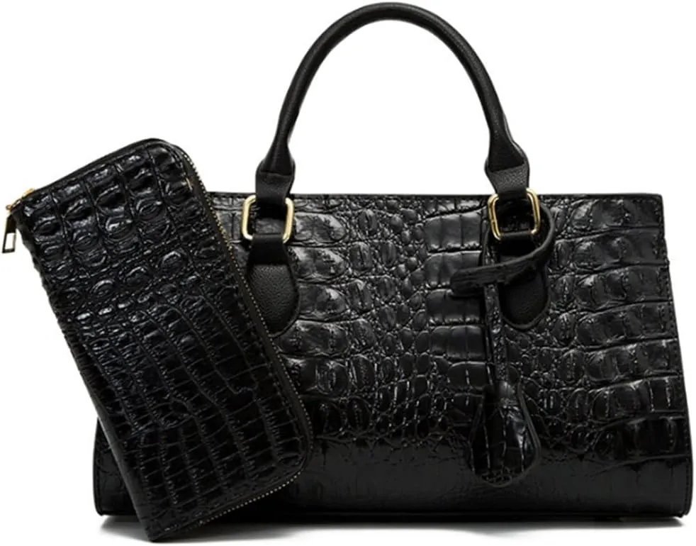 2pcs Top-handle Handbags Satchel for Women Tote Purse Vintage Crocodile Pattern Shoulder Bag Clutch Wallet