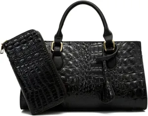 2pcs Top-handle Handbags Satchel for Women Tote Purse Vintage Crocodile Pattern Shoulder Bag Clutch Wallet