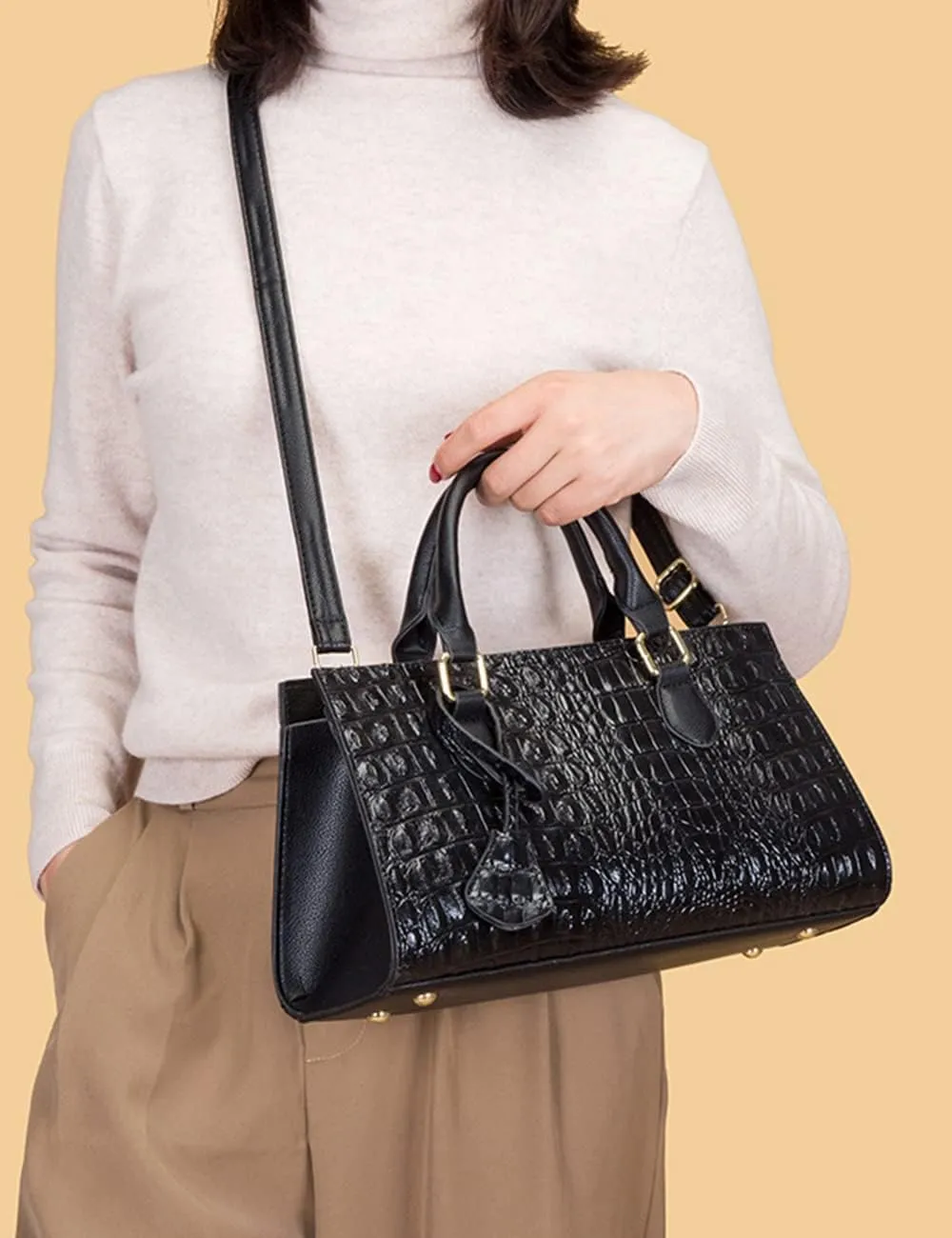 2pcs Top-handle Handbags Satchel for Women Tote Purse Vintage Crocodile Pattern Shoulder Bag Clutch Wallet