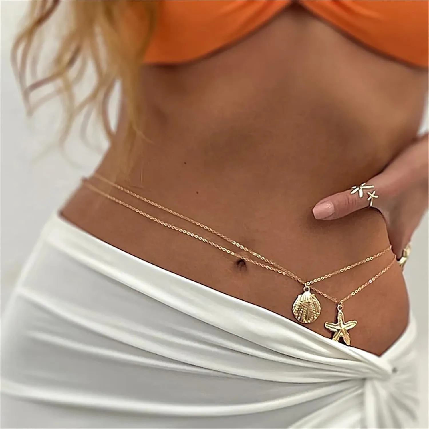 2Pcs/Set Simple Shell Waist Chains for Women Metal Bikini Body Chains Beach Sexy Belly Chains Jewelry(Silver)