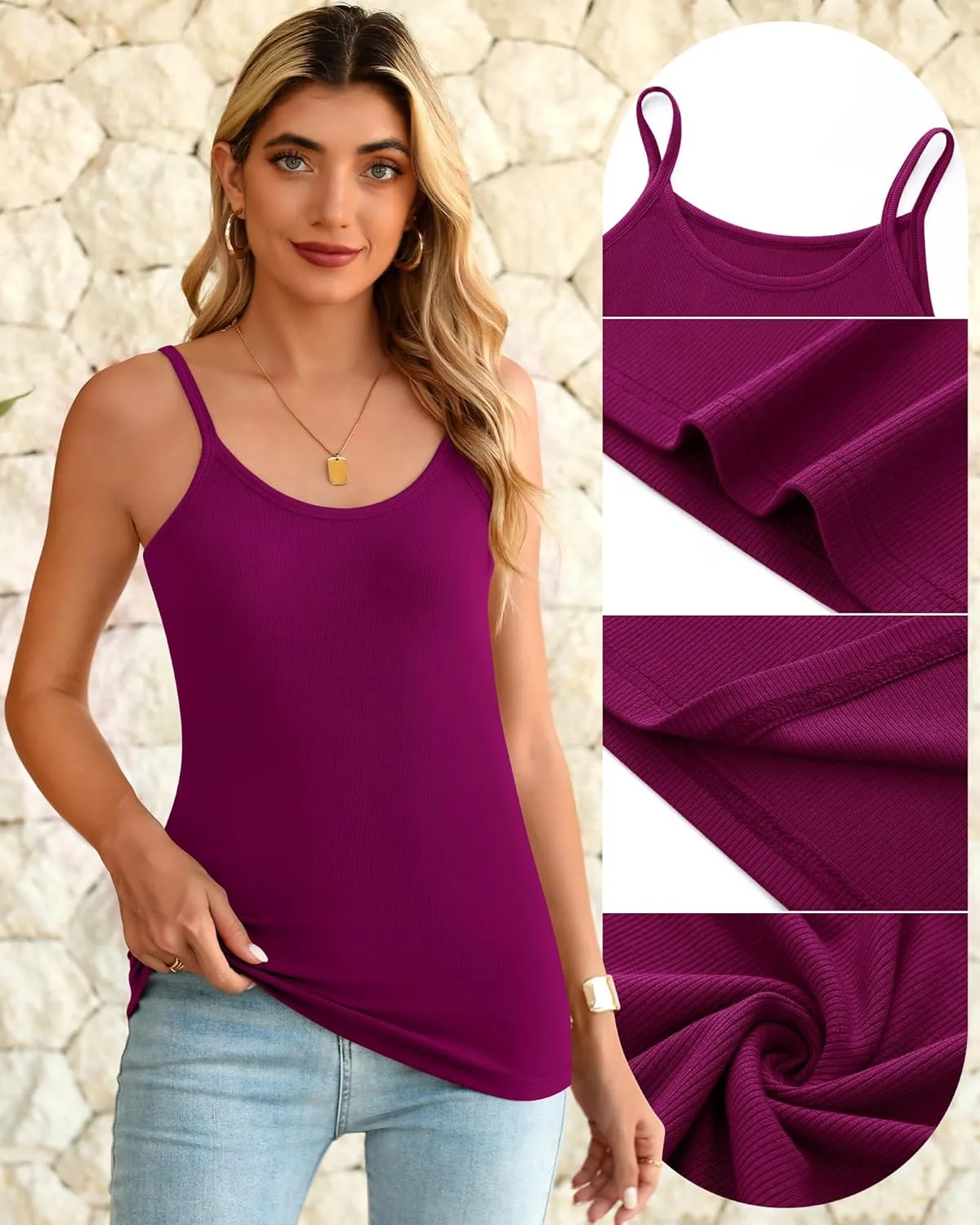 3 Pack Women Camisole Tops, Ribbed Knit Tank Tops, Slim Fitted Cami Shirts Summer Casual Spaghetti Strap Tops