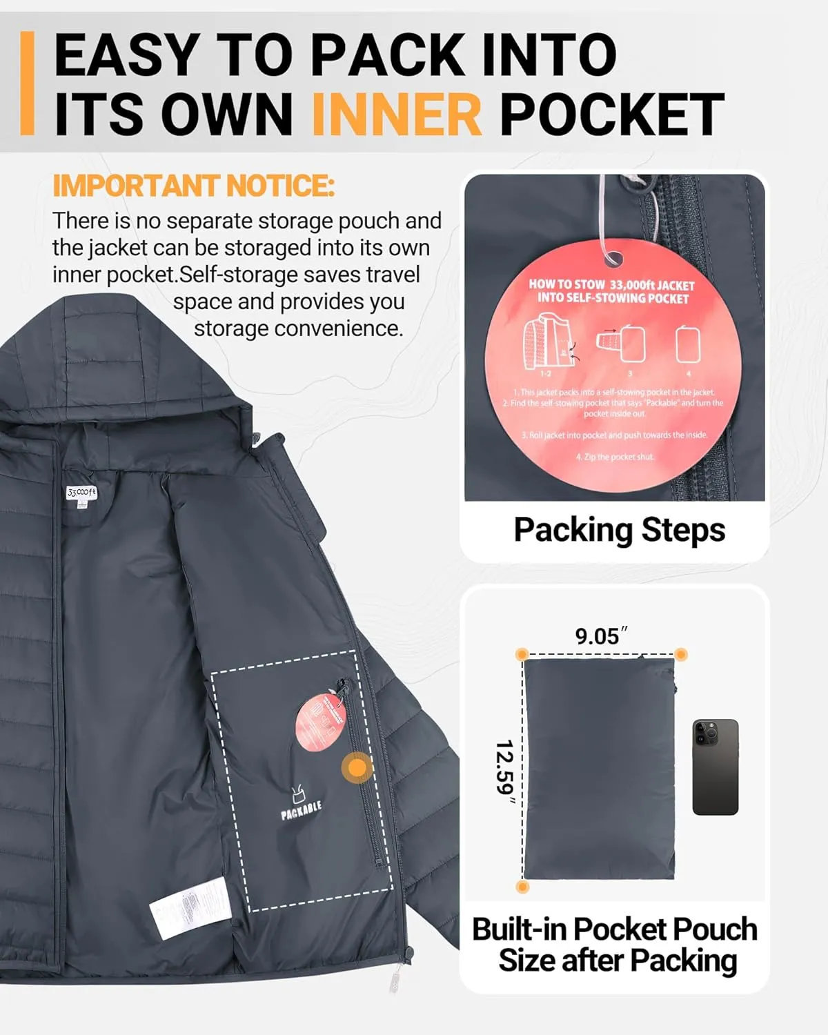 33,000ft Women's Hooded Packable Puffer Jacket Lightweight Warm Puffy Quilted Winter Coat