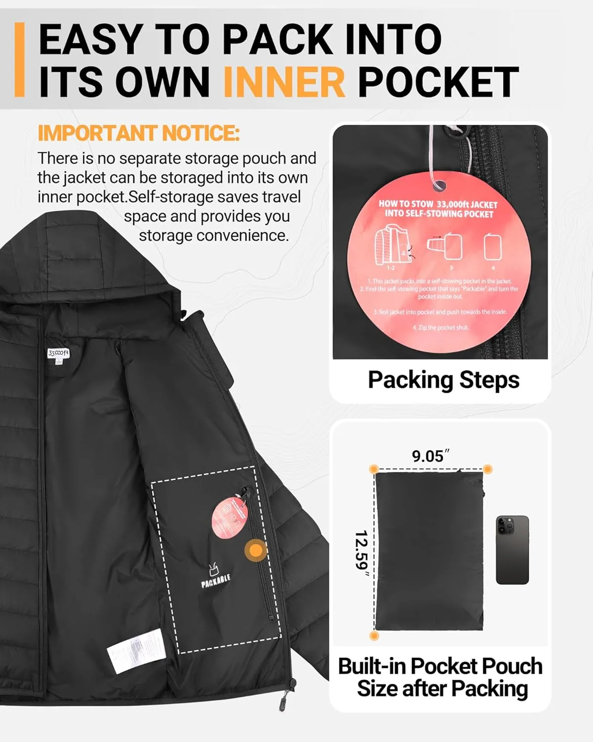 33,000ft Women's Hooded Packable Puffer Jacket Lightweight Warm Puffy Quilted Winter Coat