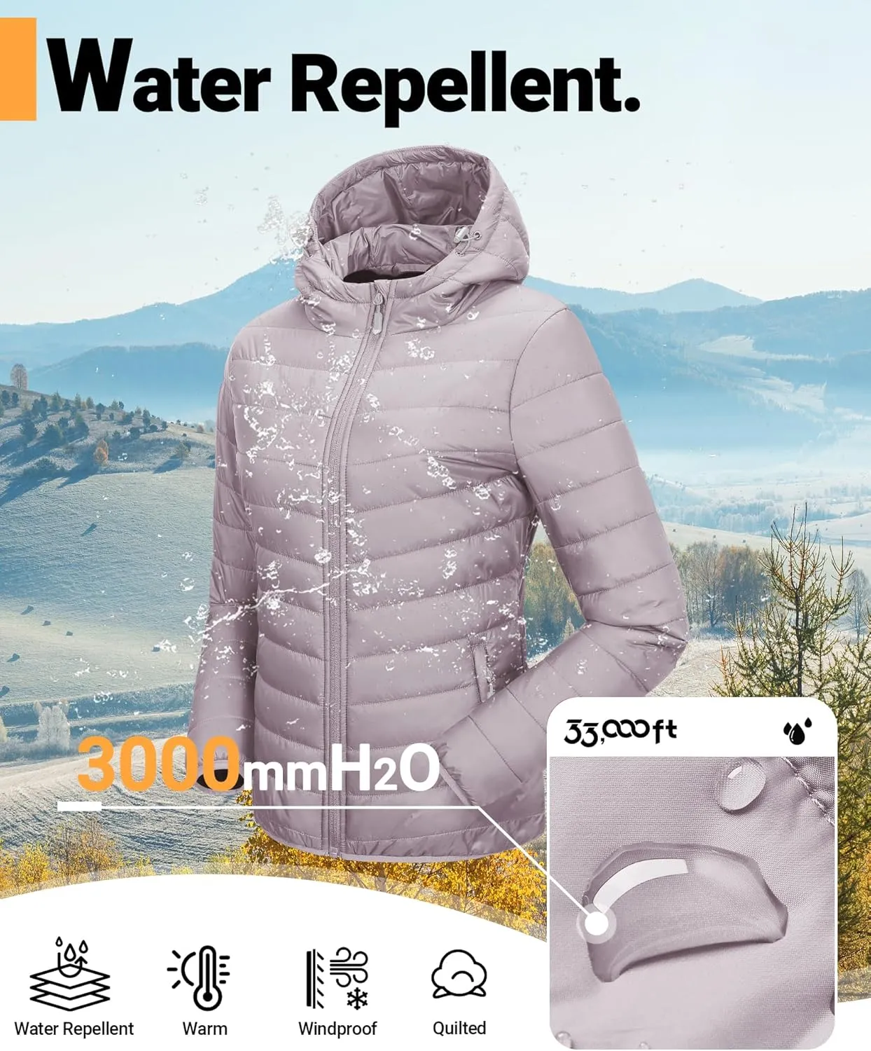 33,000ft Women's Hooded Packable Puffer Jacket Lightweight Warm Puffy Quilted Winter Coat