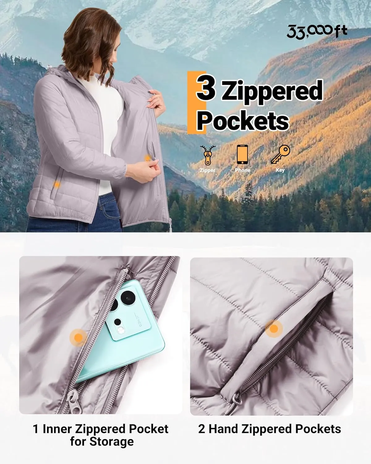 33,000ft Women's Hooded Packable Puffer Jacket Lightweight Warm Puffy Quilted Winter Coat