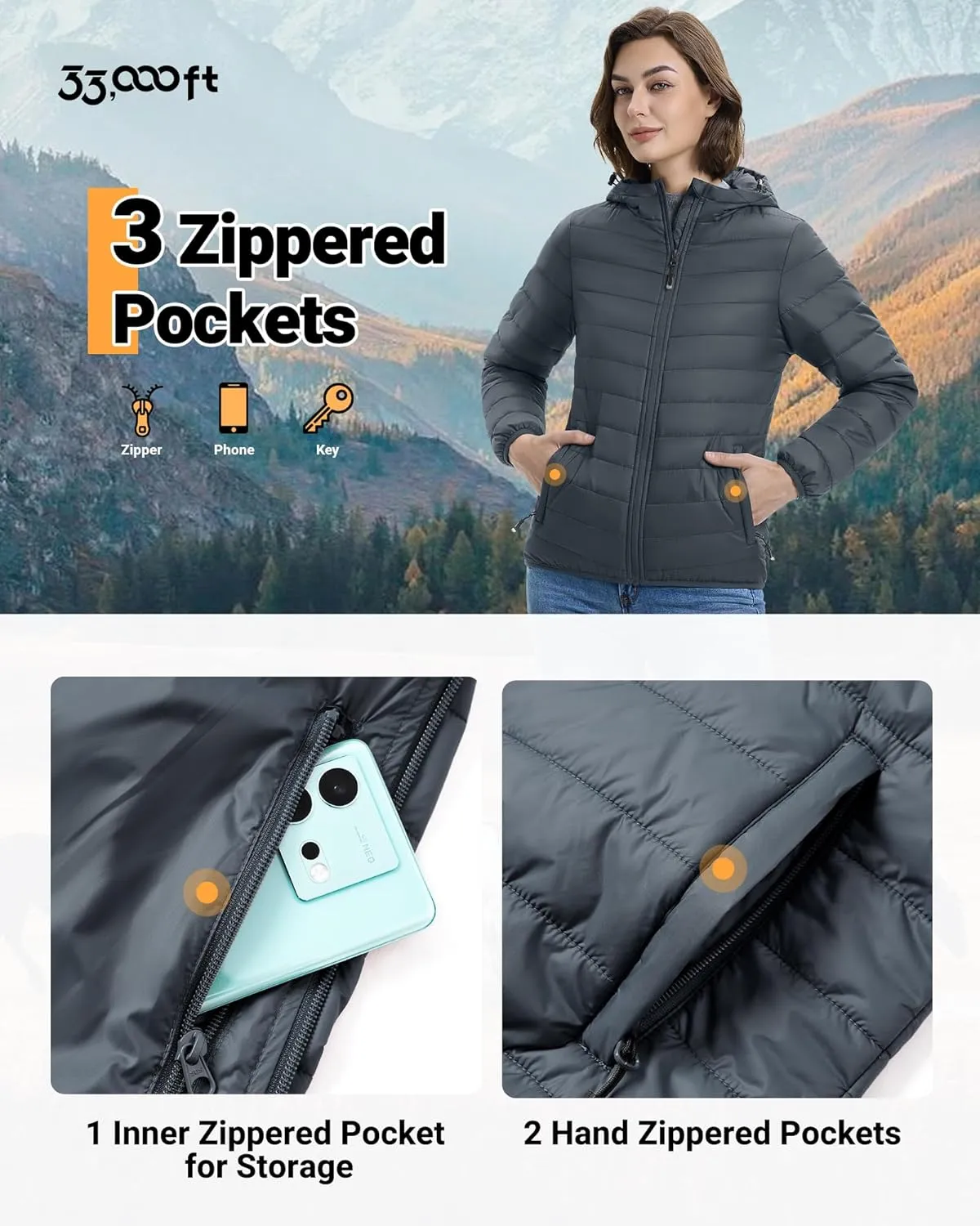 33,000ft Women's Hooded Packable Puffer Jacket Lightweight Warm Puffy Quilted Winter Coat