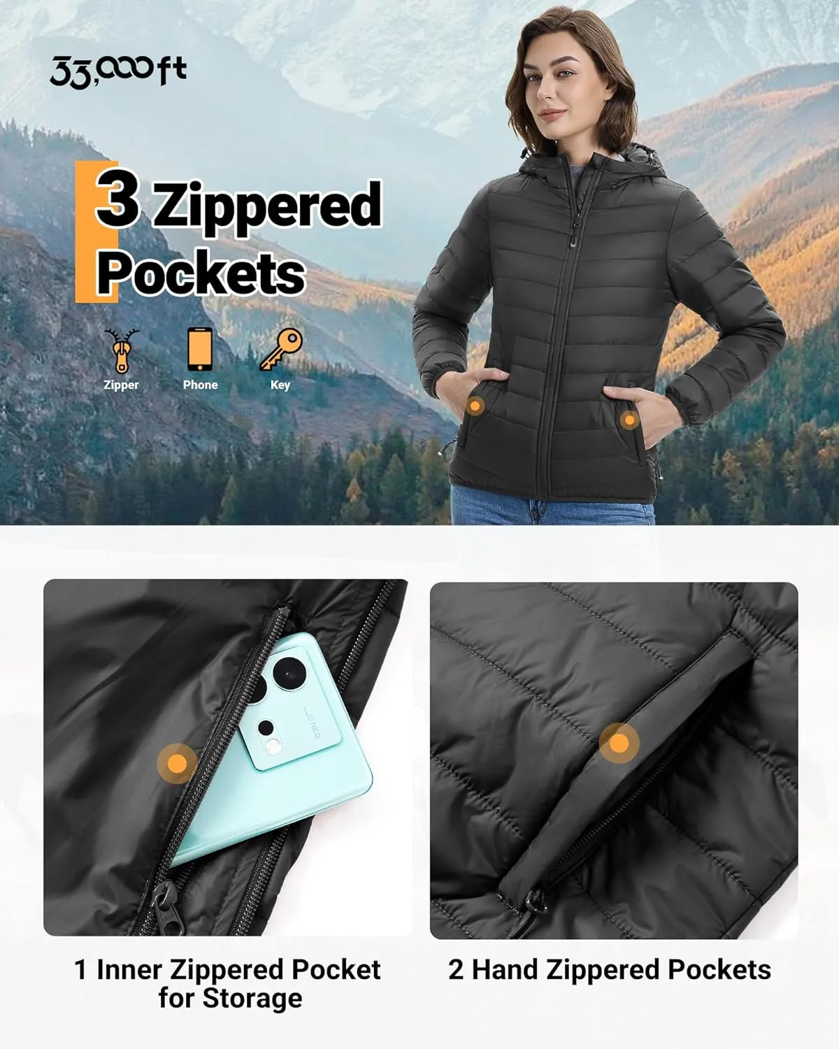 33,000ft Women's Hooded Packable Puffer Jacket Lightweight Warm Puffy Quilted Winter Coat