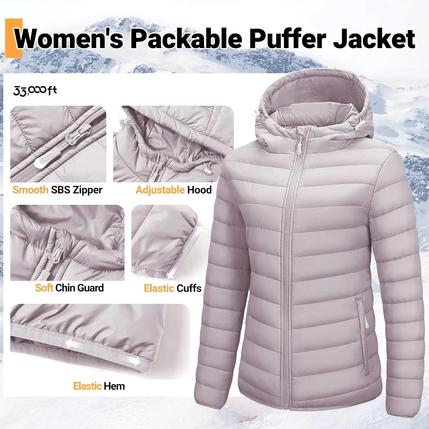 33,000ft Women's Hooded Packable Puffer Jacket Lightweight Warm Puffy Quilted Winter Coat