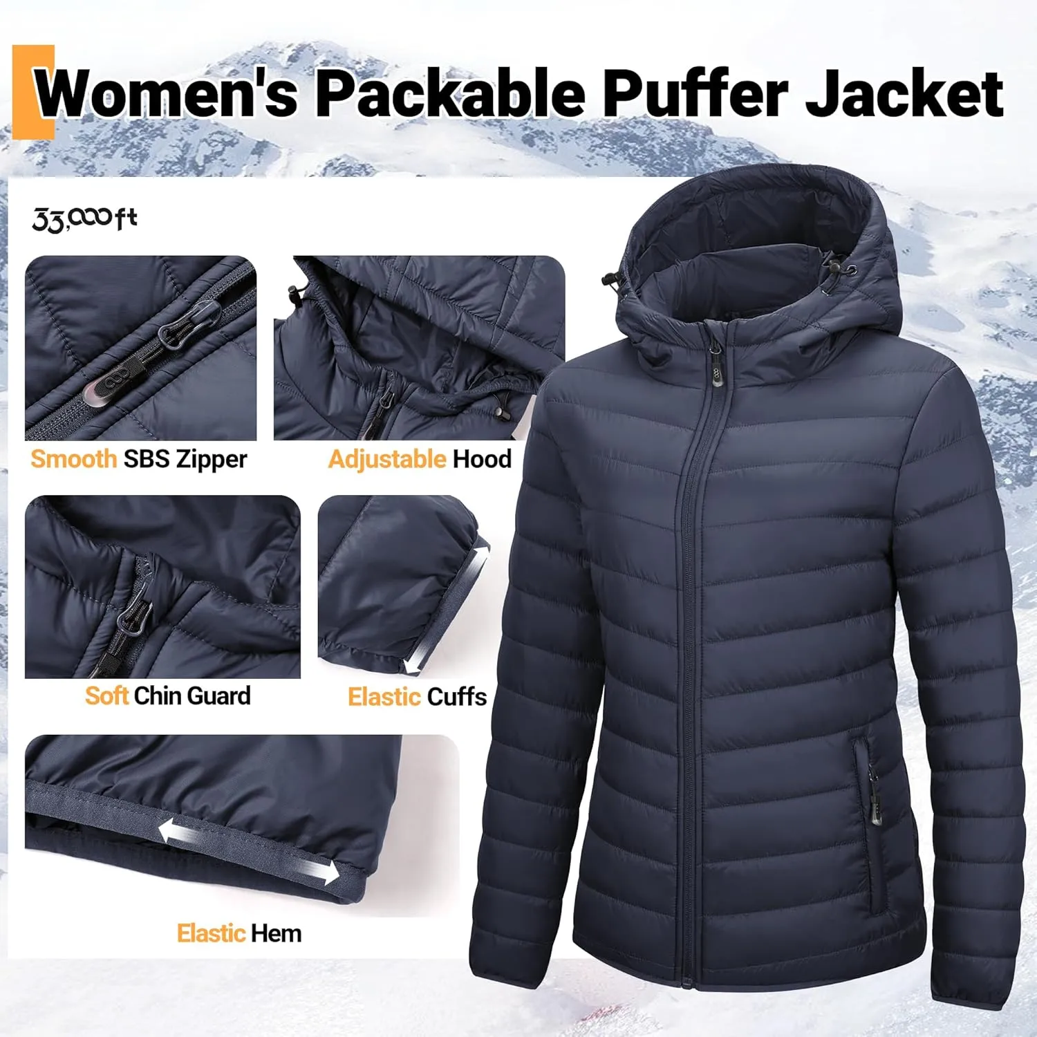 33,000ft Women's Hooded Packable Puffer Jacket Lightweight Warm Puffy Quilted Winter Coat