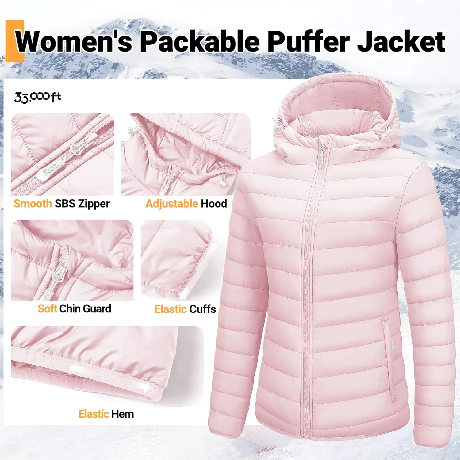 33,000ft Women's Hooded Packable Puffer Jacket Lightweight Warm Puffy Quilted Winter Coat