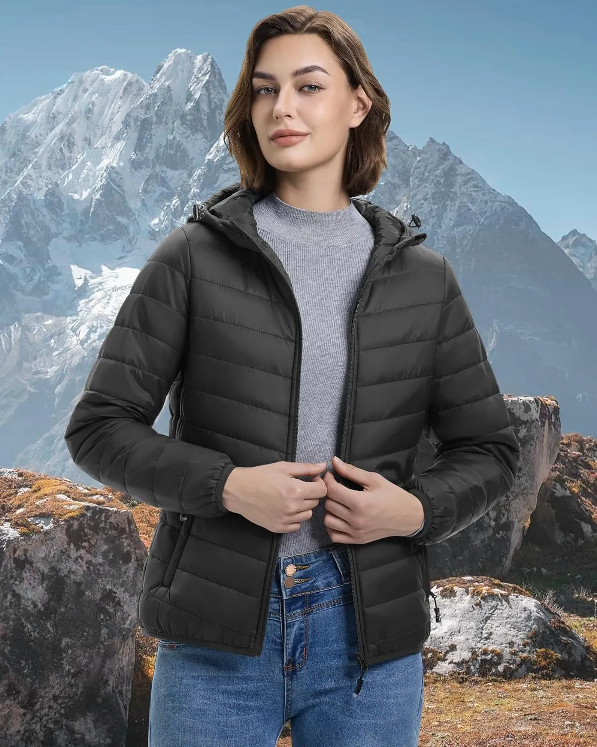 33,000ft Women's Hooded Packable Puffer Jacket Lightweight Warm Puffy Quilted Winter Coat