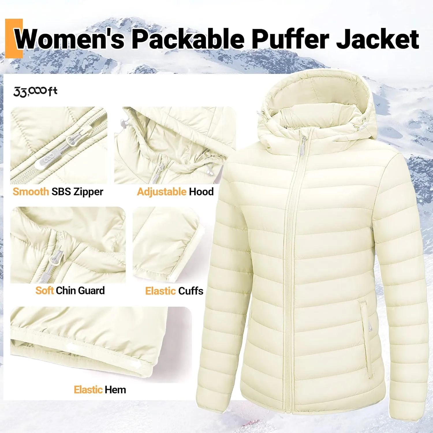 33,000ft Women's Hooded Packable Puffer Jacket Lightweight Warm Puffy Quilted Winter Coat