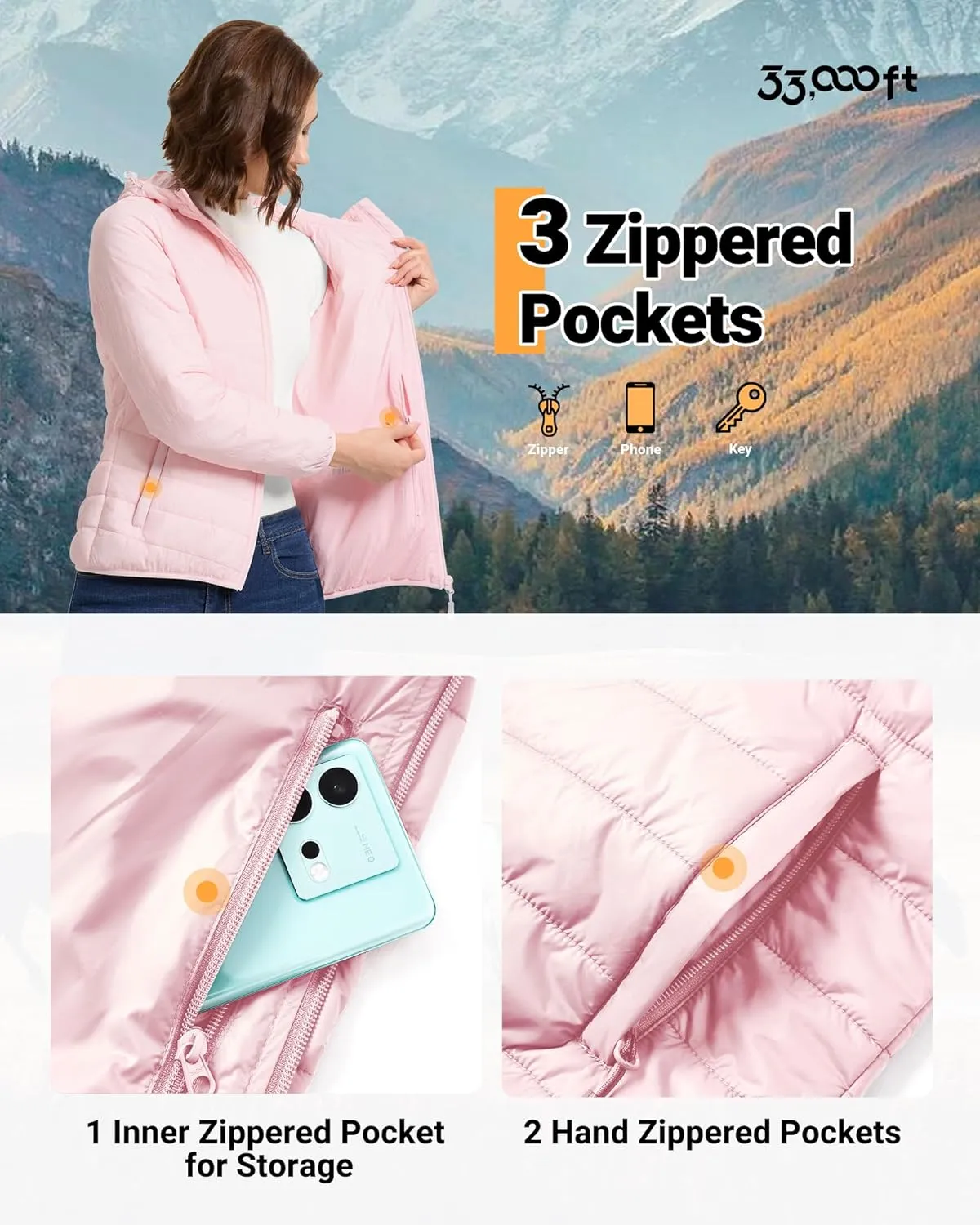 33,000ft Women's Hooded Packable Puffer Jacket Lightweight Warm Puffy Quilted Winter Coat